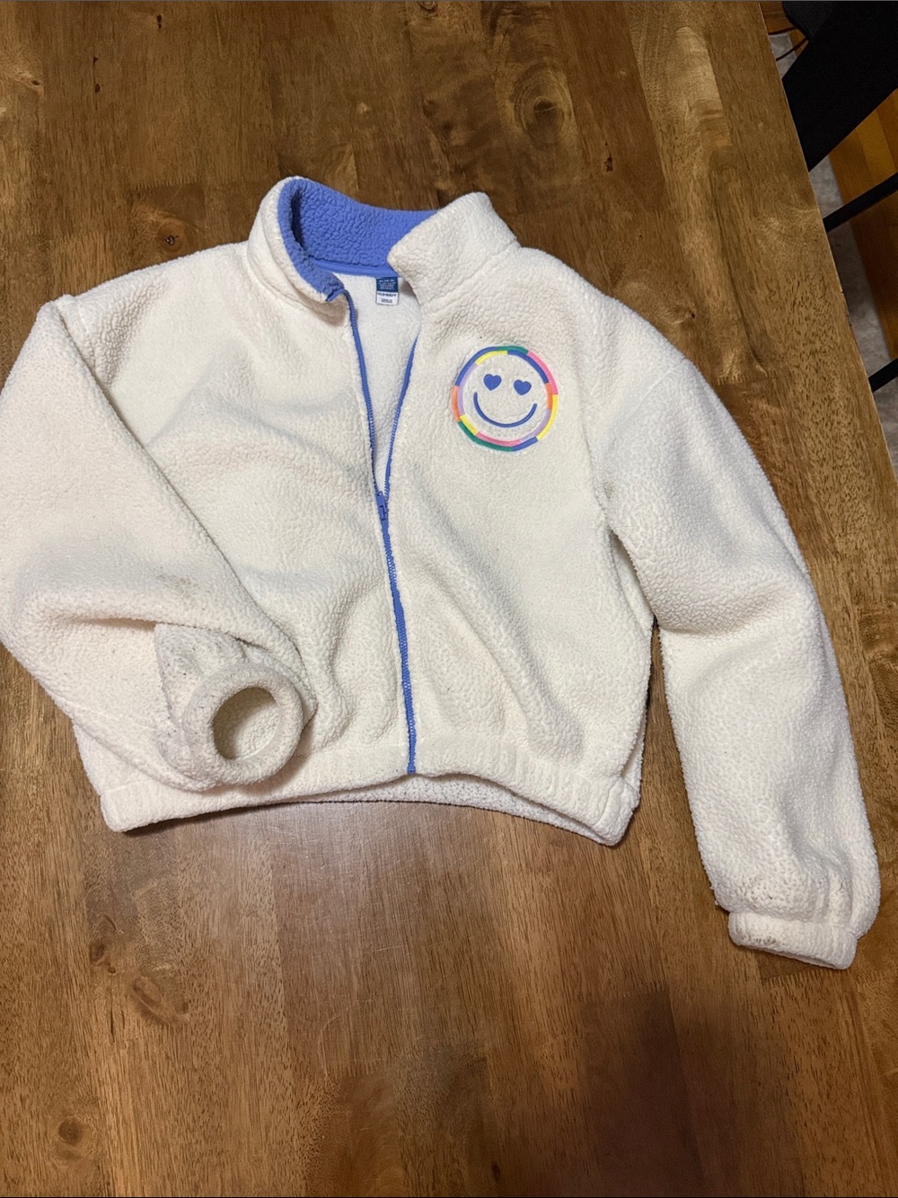 Old Navy Cream Fuzzy Zip-Up Hoodie with Rainbow Smile Patch